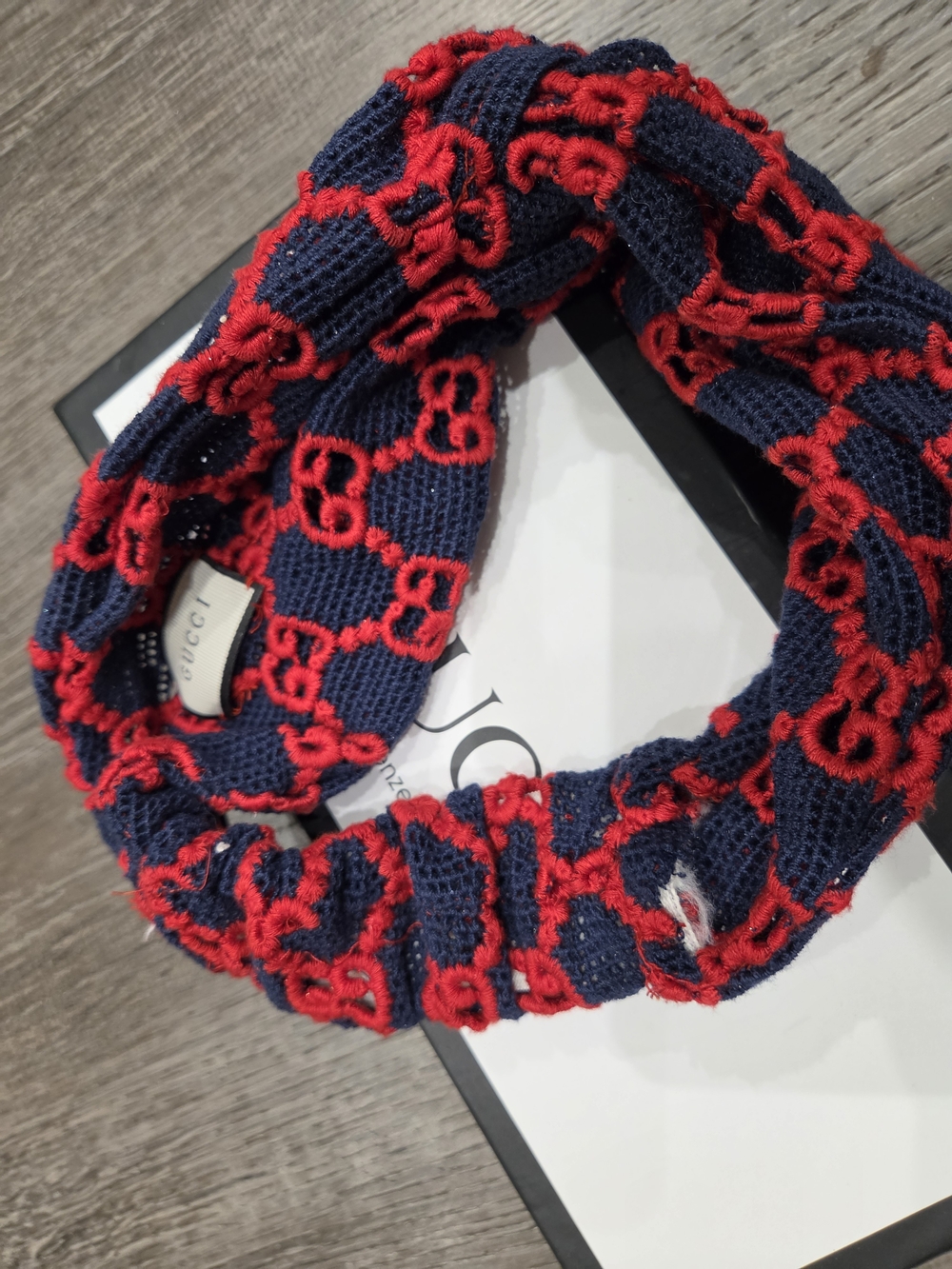 Gucci Navy and Red Macrame turban lace Headband - Picture 3 of 4